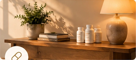Medication bottles on a warm wooden table beside a lamp