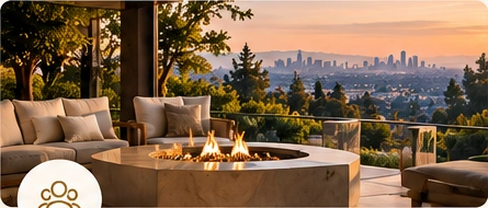 A sunset terrace with a fire pit and city views