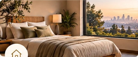 A warm bedroom overlooking the Los Angeles skyline